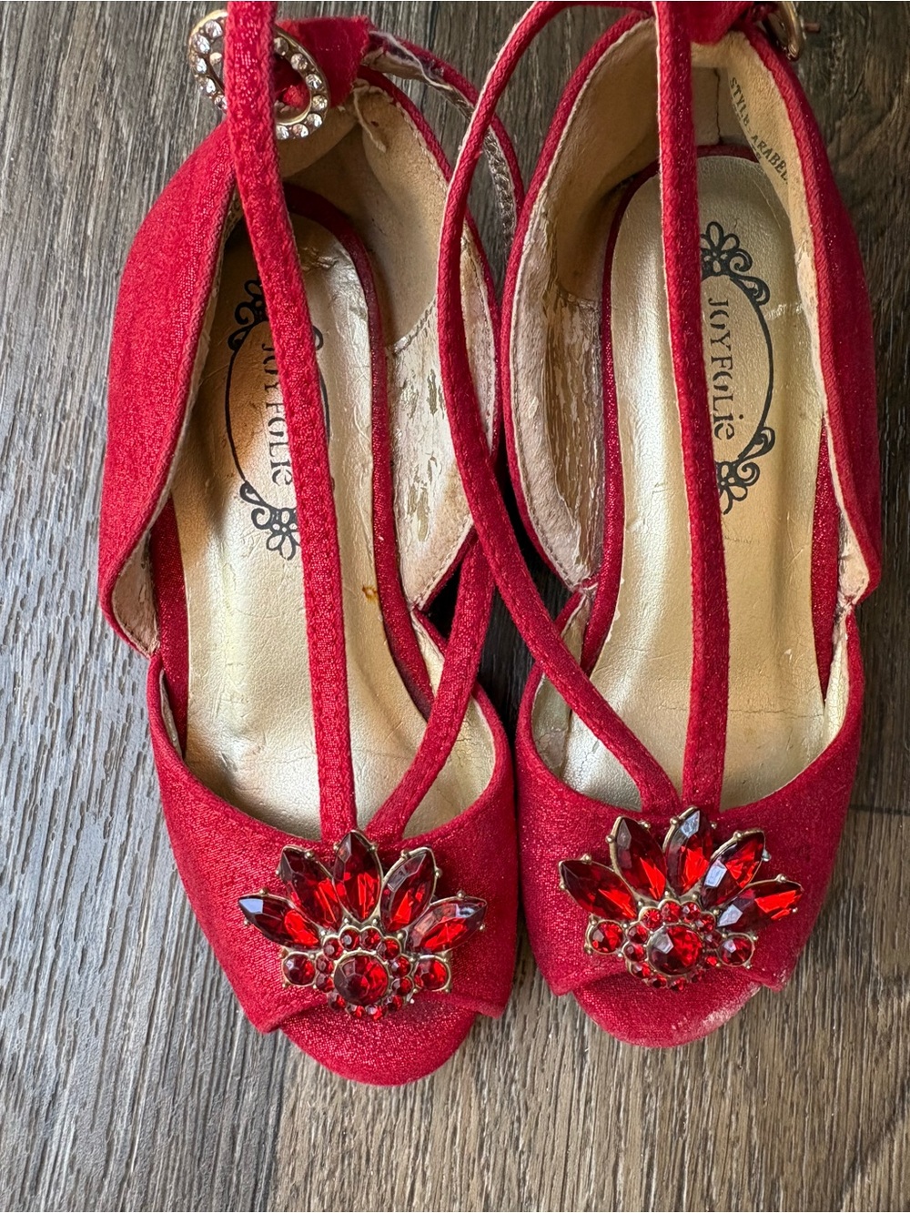 Joyfolie Red Jeweled T-Strap Peep-Toe Heels